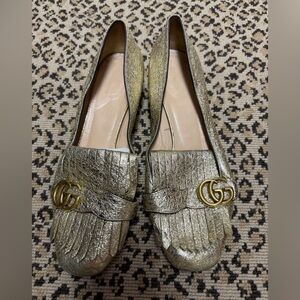 Gucci Metallic Gold Marmont Ballet Loafers with Logo Buckle